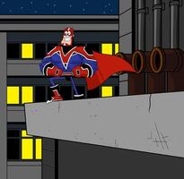 super eroe cartone animato personaggio al di sopra di edificio nel un' città. vettore illustrazione con sfondo