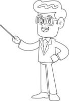 delineato uomo d'affari cartone animato personaggio Esprimere a gesti con un' pointer bastone. vettore mano disegnato illustrazione
