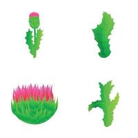 cardo icone impostato cartone animato vettore. viola fioritura cardo con foglia vettore