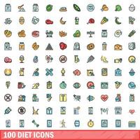 100 dieta icone impostare, colore linea stile vettore