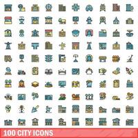 100 città icone impostare, colore linea stile vettore