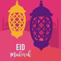 biglietto celebrativo eid mubarak con lanterne appese e scena delle moschee vettore