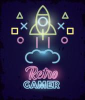 neon videogioco retrò con razzo vettore