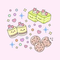 dolce torta Pasticcino mousse biscotto matcha con carino facciale espressioni e pastello colore vettore