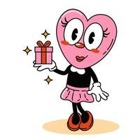 San Valentino giorno. cartone animato cuore nel amore. divertente rosa cuore con un' regalo vettore