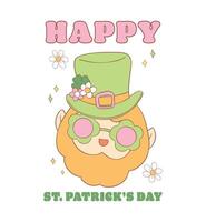 Groovy st Patrick giorno, contento fata viso cartone animato scarabocchio disegno. vettore