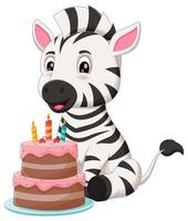 carino zebra cartone animato con compleanno torta vettore illustrazione. animale natura icona concetto isolato premio vettore