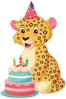 carino leopardo cartone animato con compleanno torta vettore illustrazione. animale natura icona concetto isolato premio vettore