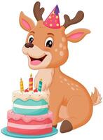 carino cervo cartone animato con compleanno torta vettore illustrazione. animale natura icona concetto isolato premio vettore