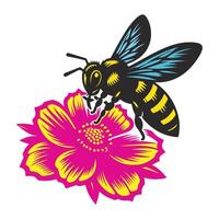 carino amichevole ape. margherita fiore con carino ape. cartone animato contento volante ape con grande genere occhi. insetto carattere. vettore isolato su bianca