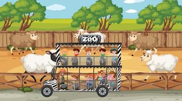 scene di safari con molte pecore e personaggi dei cartoni animati per bambini vettore
