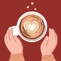 mani hold un' boccale di caffè con un' cuore disegnato nel esso. latte macchiato arte, caffè, amore concetto vettore