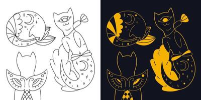 carino mistico sirena gatti. bicolore e nero e bianca schema vettore illustrazione.