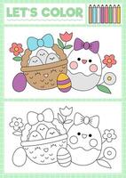 Pasqua colorazione pagina per bambini con carino kawaii cestino e uovo. vettore primavera vacanza schema illustrazione. colore libro per bambini con colorato esempio. disegno abilità stampabile foglio di lavoro