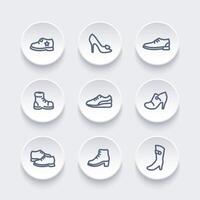 scarpe icone, tacchi, stivali, gli sport scarpe, formatori di spessore linea icone su il giro 3d forme, vettore illustrazione