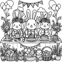 delineato colorazione pagina di Pasqua uovo con fiore e cestino e coniglietto nel bianca sfondo vettore