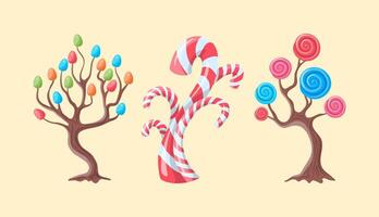 cartone animato colore fantasia caramella alberi impostato con spirale Lecca-lecca e zucchero caramelle. vettore