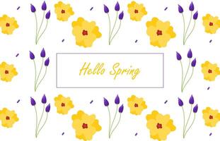 Ciao primavera floreale modello. giallo e viola primavera fiori illustrazione. in forma per tessuto, tessile, confezione disegno, involucro carta, sfondo, sfondo vettore