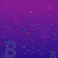 blu e rosa bitcoin cartello sotto circuito tecnologia concetto su viola e blu sfondo. piazza particella e linea digitale, elettronico astratto. vettore
