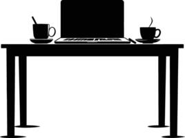ai generato silhouette ufficio scrivania con il computer portatile e caffè nero colore solo vettore