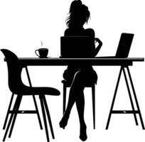 ai generato silhouette ufficio scrivania con il computer portatile e caffè con donne Lavorando dentro vettore