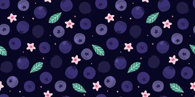 senza soluzione di continuità modello con mirtilli. viola astratto frutti di bosco su un' sfondo di foglie, fiori. vettore grafica.