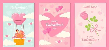 impostato di San Valentino giorno saluto carte con bellissimo coppia di giovane donna e uomo abbracciando, rosa, cuori. cartone animato illustrazione di persone incontri e nel amore vettore