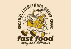 veloce cibo, facile e delizioso. personaggio illustrazione di in esecuzione Pizza e morbido bevanda vettore