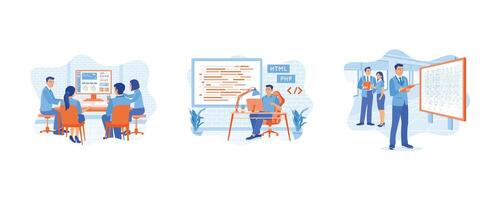 un' squadra di esso esperti è seduta nel davanti di computer. il schermo viene visualizzato computer copione codifica. sviluppando mobile applicazioni. App sviluppatori concetto. impostato piatto vettore illustrazione.