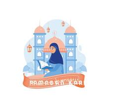 musulmano donna lettura il corano. moschea e lanterne nel il sfondo. Ramadan kareem concetto. piatto vettore moderno illustrazione.