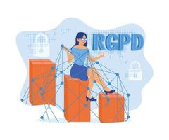 un' donna nel bicchieri è seduta e Lavorando con informazione. generale dati protezione regolamento. il generale dati protezione regolamento o GDPR concetto. piatto vettore moderno illustrazione