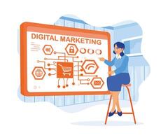 digitale marketing. donna d'affari crea globale struttura Rete in linea shopping interfaccia pagamento su virtuale schermo. digitale attività commerciale concetto. piatto vettore illustrazione.