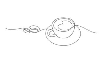 tazza continuo linea arte. caffè o tè tazza uno linea disegno. caldo bevanda con vapore vettore