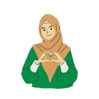 musulmano donna rendere un' cuore cartello, piatto stile illustrazione vettore