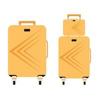 impostato di giallo viaggio cartone animato plastica valigie su ruote. isolato viaggio Borsa, Astuccio, tronco, valigia. vettore