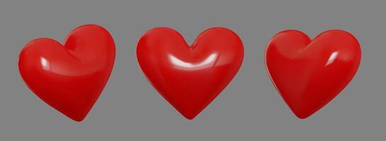 collezione rosso cuori, diverso 3 rotazione, simbolo amore. san valentino giorno carta. realistico 3d isolato su grigio sfondo. vettore illustrazione