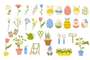 primavera impostare. fiori, Pasqua uova e giardinaggio. primavera stagione. vettore illustrazione su bianca sfondo