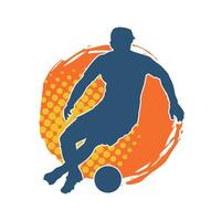 silhouette di un' maschio calcio giocatore calciando un' sfera. silhouette di un' calcio giocatore nel azione posa. vettore