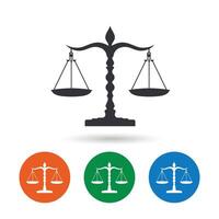 bilancia di giustizia icona. Tribunale di legge simbolo. piatto scala segni nel cerchi. il giro pulsanti per ragnatela. vettore illustrazione