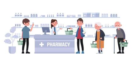 farmacia con farmacista e cliente allo sportello. illustrazione vettoriale di disegno del personaggio dei cartoni animati della farmacia