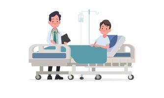 visita del medico al reparto del paziente. una persona malata è in un letto medico su una flebo. illustrazione vettoriale in uno stile piatto