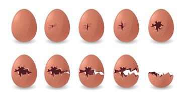Cracked uova animazione. cartone animato rotto danneggiato pollo guscio d'uovo metà, biologico cibo piatto elementi con passaggi per gui design. vettore isolato collezione