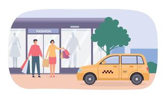 città Taxi cliente. uomo e donna personaggi con shopping borse ordinazione giallo taxi. cartone animato cittadina mezzi di trasporto servizio vettore