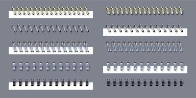 realistico metallo spirale e squillare leganti per taccuino o calendario. 3d Nero, acciaio e oro primavera o filo bobina legare carta pagine vettore impostato