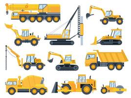 costruzione macchine. pesante macchinari per costruire, escavatore, bulldozer, camion, trattore e gru veicolo. edificio attrezzatura piatto vettore impostato