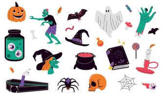 Halloween collezione. carino spaventoso cartone animato elementi piatto stile, pauroso divertente personaggi per ottobre festa manifesto vacanza adesivi. vettore isolato impostato