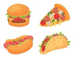 cartone animato veloce cibo pasto. Pizza con salame, funghi e pomodoro, hamburger con grigliato carne e verdure vettore