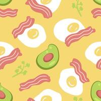 Perfetto piatto di proteina avocado, Bacon e uova senza soluzione di continuità modello. mano disegnato Stampa per carta, tessuto, tessile. cibo sfondo vettore illustrazione.