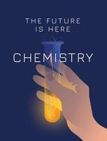 laboratorio tubo nel umano mano. chimica o biologia scienza, ricerca e formazione scolastica. manifesto. vettore illustrazione