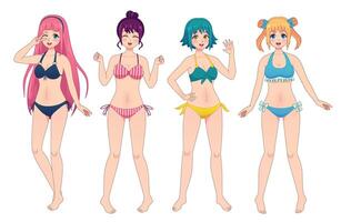 anime manga ragazze nel bikini. gruppo di kawaii femmina giapponese comico personaggi nel costumi da bagno. spiaggia donna strizza l'occhio, agitando e sorrisi vettore impostato